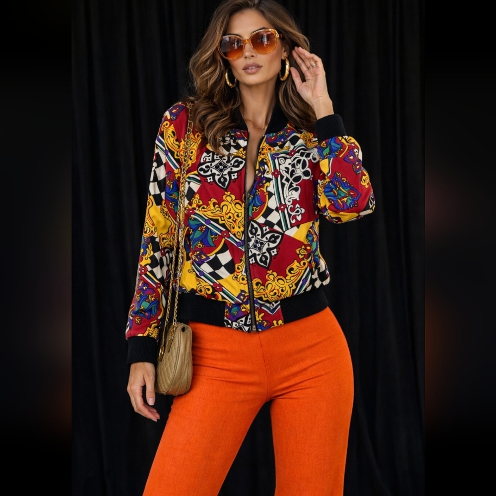 VINTAGE 80S PSYCHEDELIC BAROQUE PRINT BOMBER JACKET OVERSIZED POLY STATEMENT